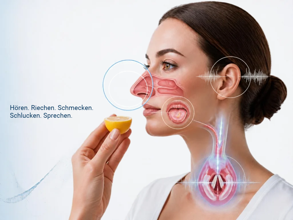 Schemabild zu SInnesfunktionen HÖren, Riechen, Schmecken, Schlucken, Sprechen